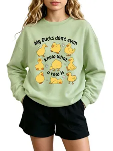 Cute funny duck print long sleeve sweatshirt, casual round neck pullover for daily wear.