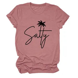 Women casual crew neck short sleeve t shirt summer graphic tee with salty palm tree print