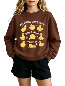 Cute funny duck graphic brown crewneck sweatshirt, casual autumn long sleeve pullover top.