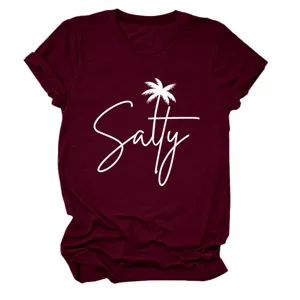 Women casual burgundy short sleeve t-shirt with salty palm tree print summer crewneck top