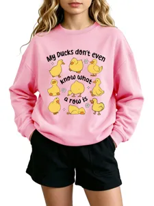 Cute yellow duck graphic pink crewneck sweatshirt casual long sleeve pullover top for women