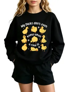 Casual cute black long sleeve sweatshirt and shorts set featuring funny duck graphic print.