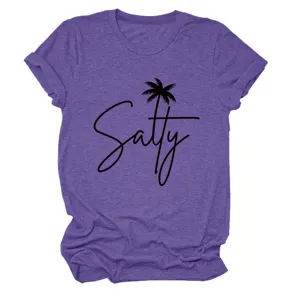 Women's casual short sleeve t-shirt with salty palm tree graphic print, crew neck style.