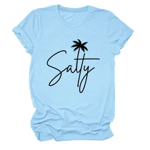 Casual women's light blue short sleeve t-shirt featuring stylish salty palm tree print.