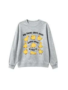 Cute cartoon yellow ducks graphic grey sweatshirt casual long sleeve crewneck pullover top