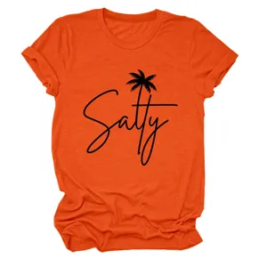Women's orange short sleeve t-shirt detail featuring black Salty palm tree graphic print casual top