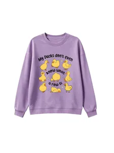 Purple casual sweatshirt featuring a cute cartoon duck graphic and funny English print.