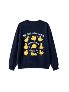 Cute duck graphic print detail on dark blue crewneck sweatshirt, cozy fabric and casual style.
