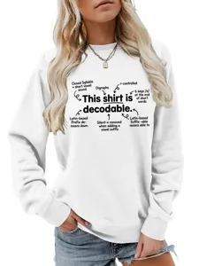 Detailed view of the women's white long-sleeve sweatshirt featuring a fun decodable print.