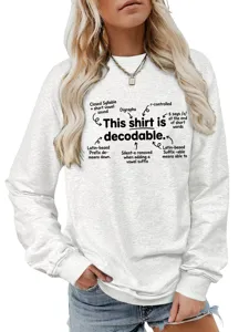 Close-up detail of casual women's linguistic graphic sweatshirt showing educational text print.
