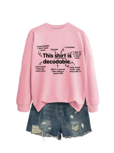 Women long sleeve pink sweatshirt with educational grammar text print, casual stylish pullover.