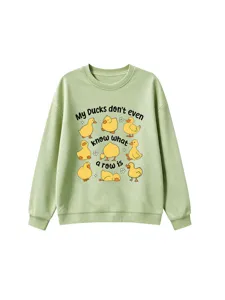 Cute duck graphic slogan print detail on casual long sleeve green pullover sweatshirt.