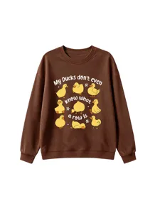 Cute cartoon duck graphic crewneck sweatshirt for autumn and winter, brown long sleeve pullover.