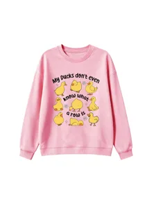 Pink crewneck sweatshirt featuring a cute yellow duck print and funny text on the front.