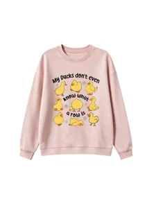 Cute cartoon duck graphic pink crewneck sweatshirt, casual autumn winter pullover top apparel.