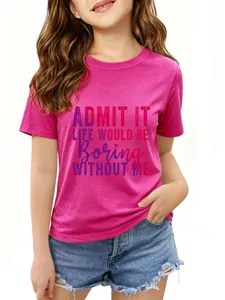Kinder korte mouw roze t-shirt met grappige tekst print casual zomer topje