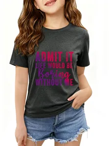 Kinderen korte mouw donkergrijs t-shirt met grappige tekst, casual zomertop voor dagelijks.