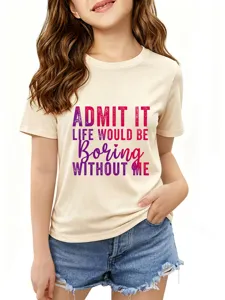 Casual korte mouw t-shirt voor kinderen, beige grafisch shirt met grappige quote print.
