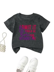 Detailed close-up of dark grey kids short sleeve t-shirt featuring fun print text design.