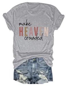 Close-up detail of grey short sleeve t-shirt with aesthetic text print and denim shorts.