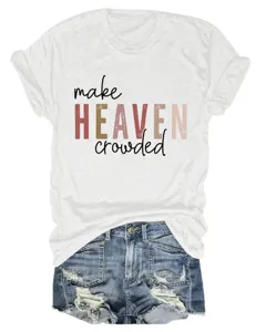 Women casual round neck short sleeve t-shirt with inspirational print and denim shorts outfit
