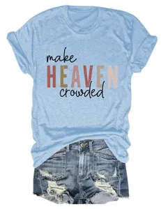 Casual light blue slogan printed short sleeve t-shirt paired with distressed denim shorts.