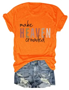 Orange letter print short sleeve t-shirt paired with denim shorts for women casual wear detail.