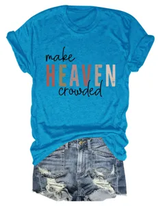 Women's casual round neck short sleeve t-shirt with inspirational print and denim shorts.