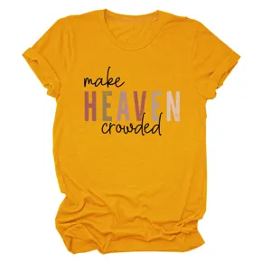 Women's short sleeve crewneck t-shirt in mustard yellow with inspirational letter print graphic casual top.