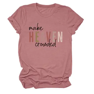 Detailed view of women round neck short sleeve t-shirt with make heaven crowded print.