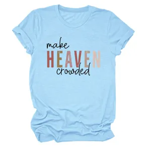 Light blue short sleeve t-shirt featuring graphic text print, casual round neck basic top.