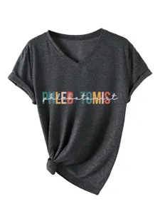 Dames casual V-hals korte mouw T-shirt met kleurrijke letterprint voor comfortabel dragen.