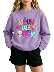 Kids casual purple crewneck sweatshirt with cute cartoon school supply graphic print
