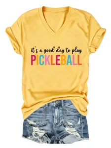 Casual yellow V-neck short-sleeve T-shirt featuring playful pickleball graphic print.
