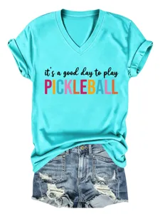 Women's casual V-neck short sleeve t-shirt turquoise sports pickleball top graphic tee