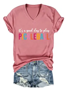 Detailed view of women casual V-neck short sleeve t-shirt with pickleball print and shorts.