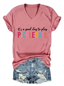 Casual women's pink V-neck short sleeve T-shirt with fun pickleball graphic print.