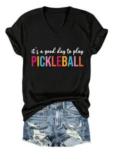 Casual v-neck short sleeve t-shirt paired with denim shorts featuring pickleball text detail.