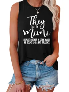 Women casual black sleeveless tank top with funny letter print loose summer vest shirt