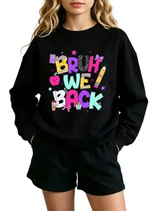 Black graphic sweatshirt featuring fun letter print and cute school stationery elements design.
