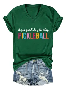 Women's V-Neck Short Sleeve T-Shirt Casual Summer Green Tee with Pickleball Letter Print