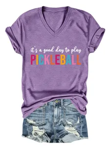 Detailed view of casual women v-neck short sleeve tee featuring pickleball letter print.
