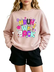 Casual crewneck long sleeve sweatshirt for women, featuring cute school cartoon graphic print.