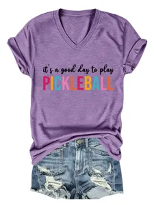 Women's purple V-neck short sleeve T-shirt with fun pickleball letter print casual top.