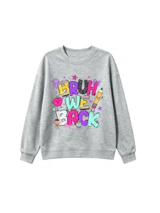 Detailed view of the fun cartoon graphic print on the casual gray cotton sweatshirt.