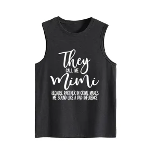 Dark grey casual sleeveless tank top for women with funny letter print relaxed fit summer top