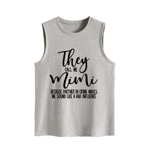 Casual grey sleeveless tank top with funny letter print, comfortable fit for daily wear.