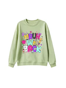 Casual green crewneck long sleeve sweatshirt featuring fun back to school graphic print.