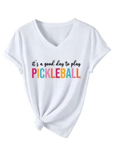 Details of the white V-neck short sleeve T-shirt with rolled cuffs and pickleball chest print.