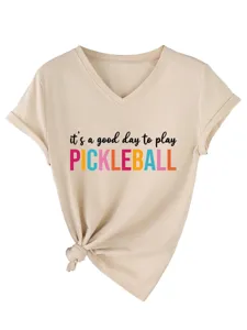 Casual women V-neck short sleeve T-shirt featuring fun pickleball letter print and trendy knot hem.